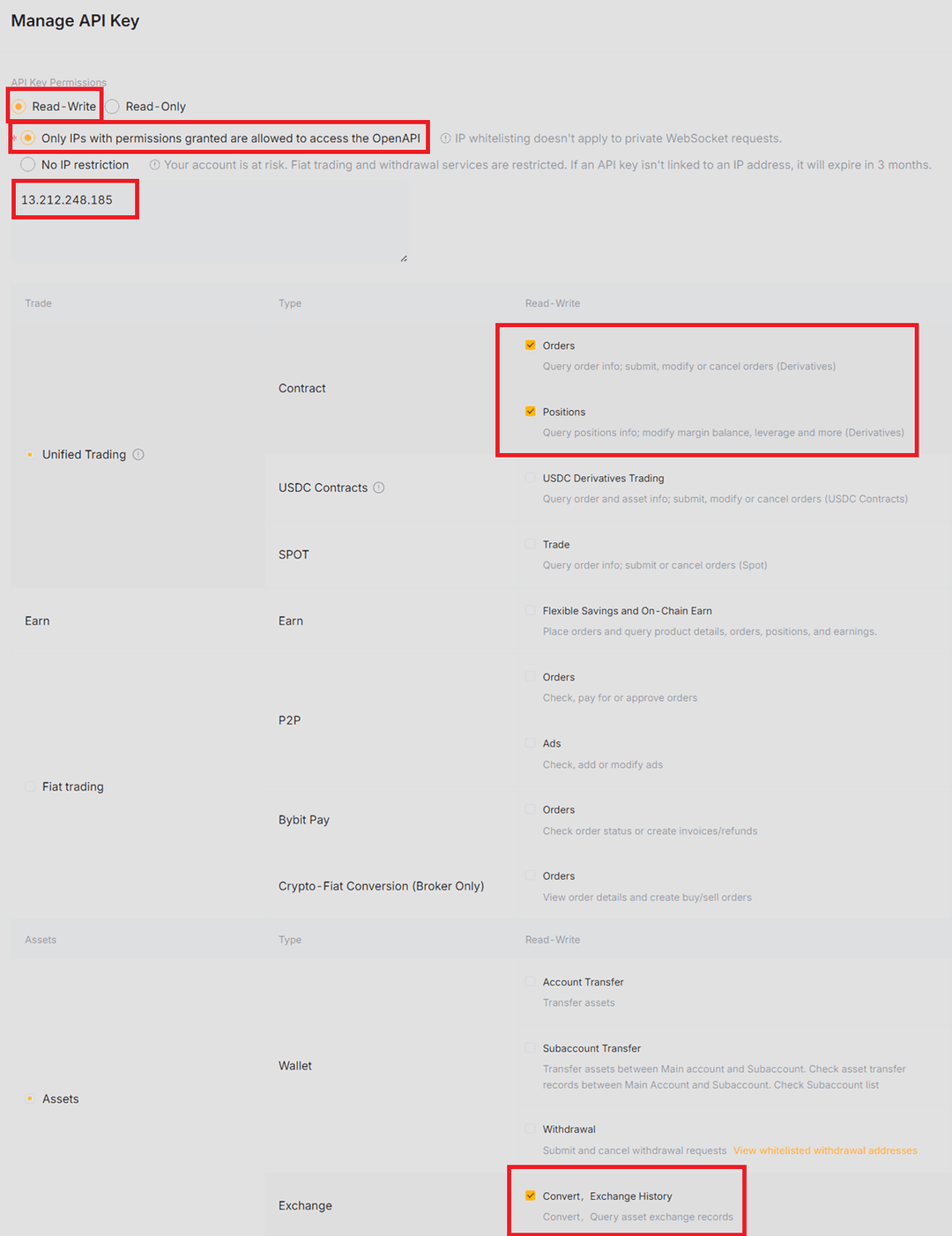 Bybit API key permissions setup
