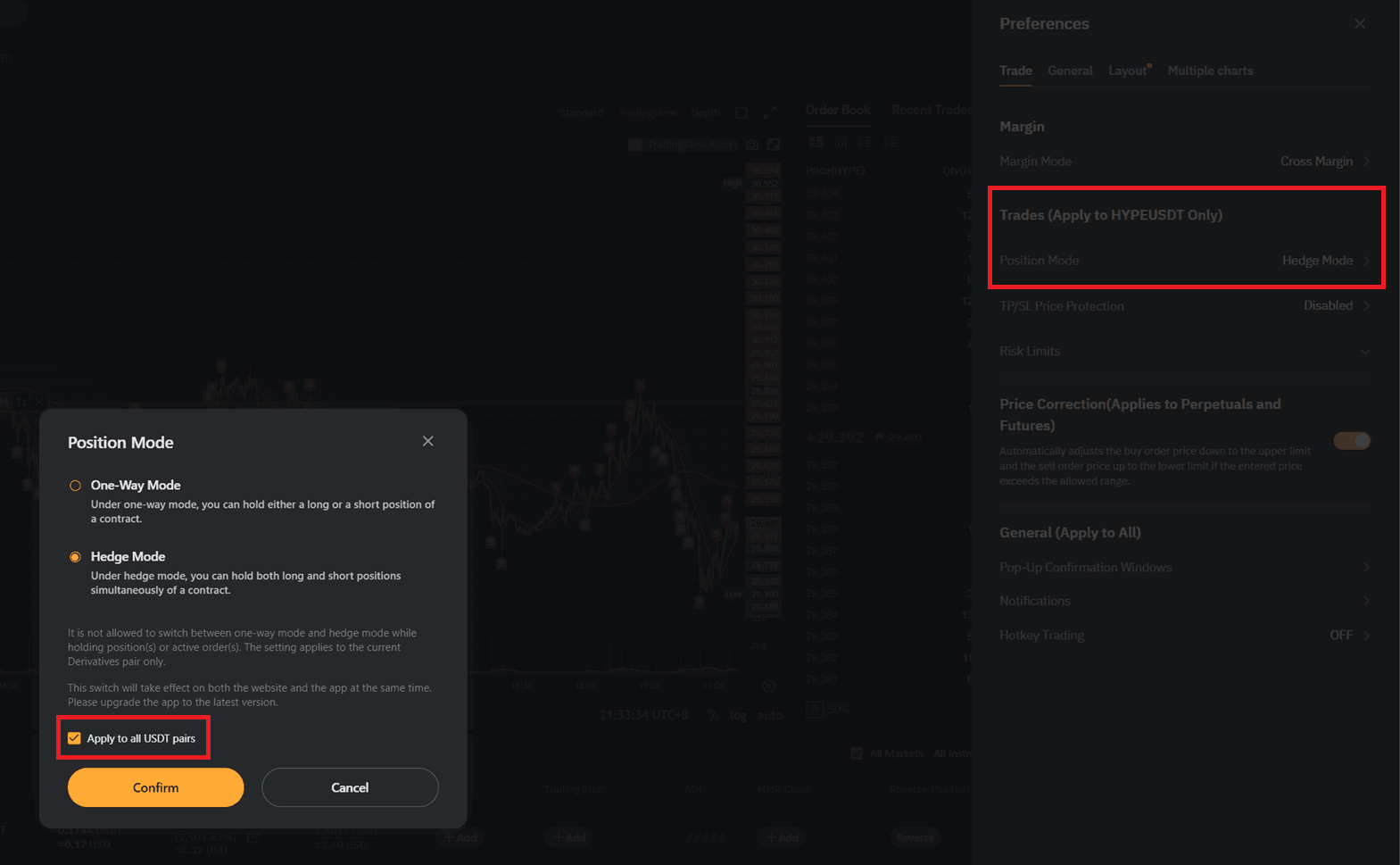 Bybit position mode settings panel showing Hedge Mode enabled