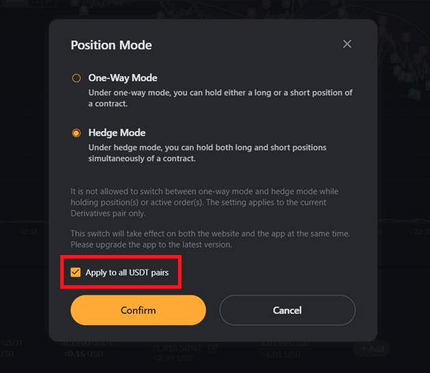 Bybit Position Mode dialog with Hedge Mode selected and Apply to all USDT pairs checked