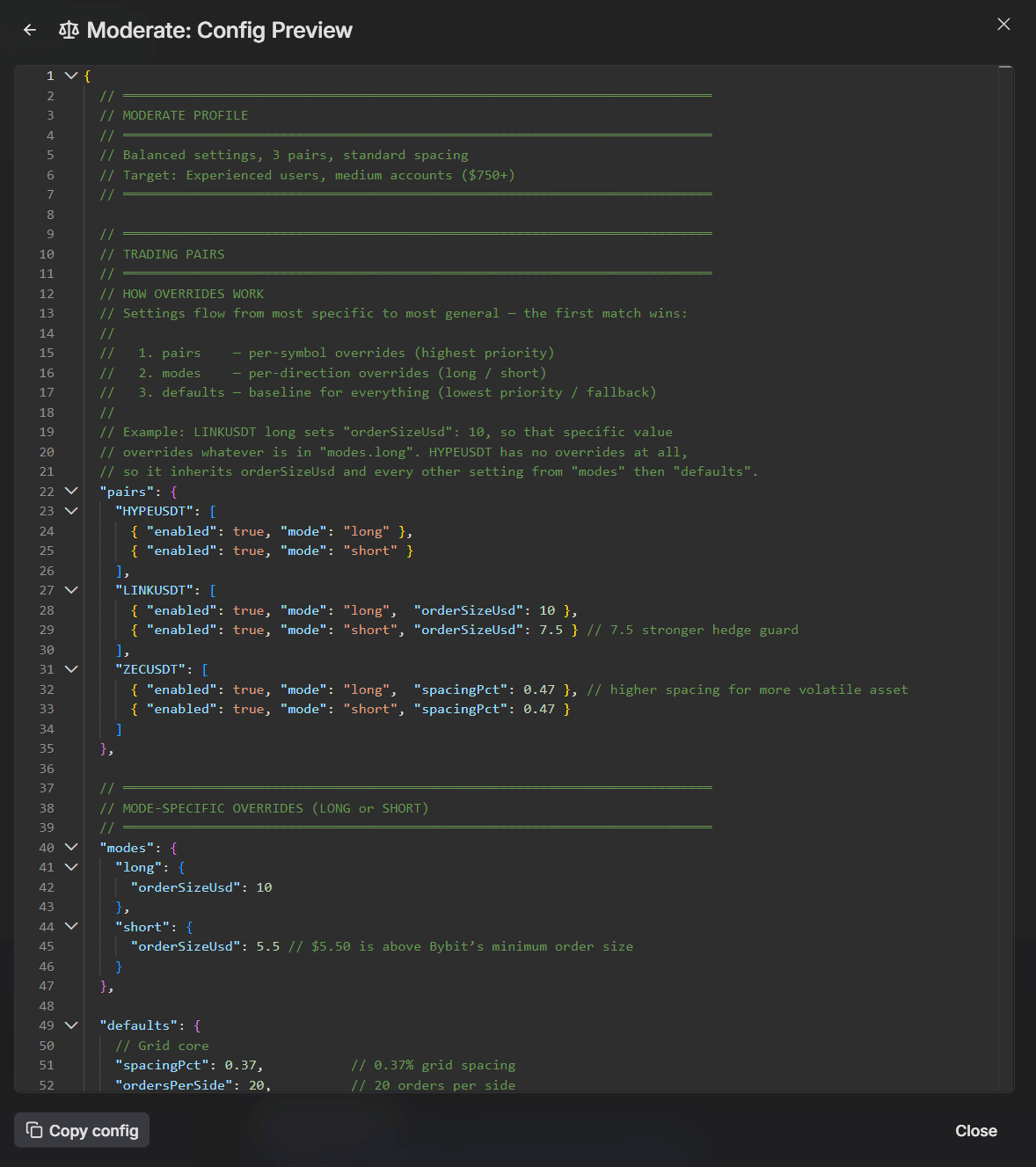 Config editor showing pair overrides for LINKUSDT and ZECUSDT
