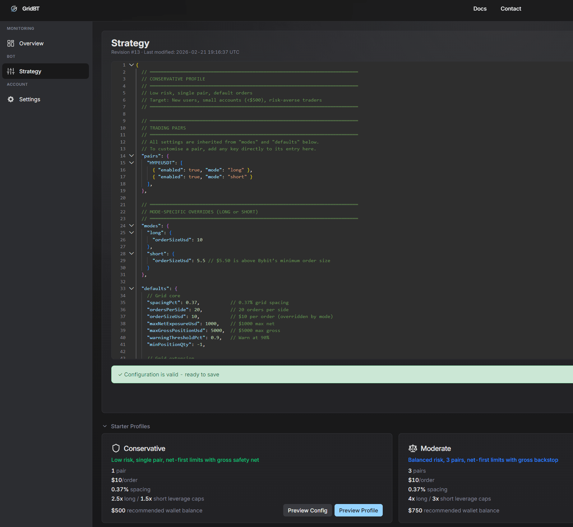 Config editor showing the default Conservative configuration