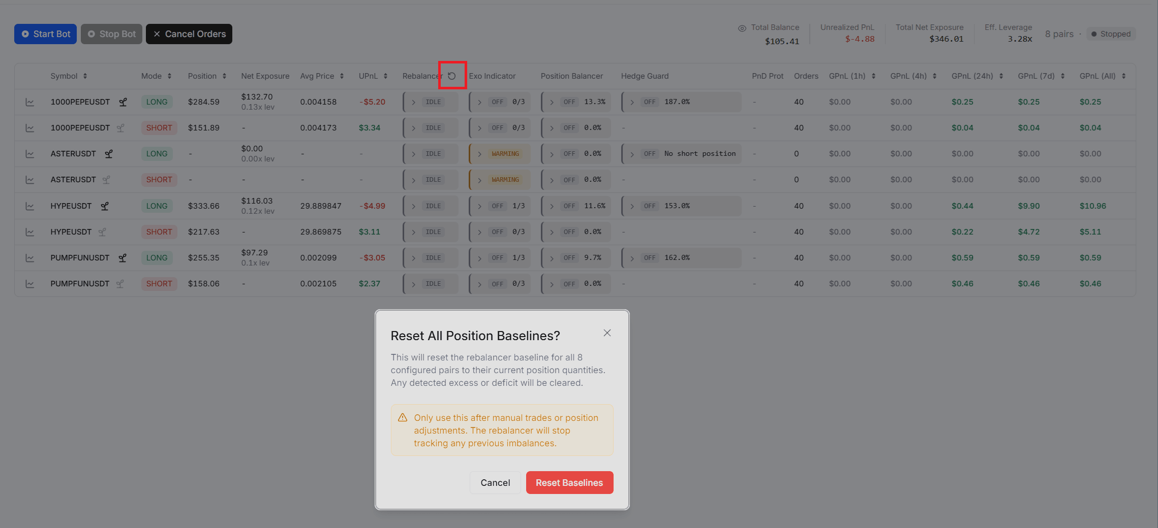 Reset baseline button in the GridBT dashboard Rebalancer column