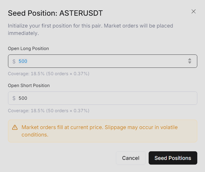 Seed Position panel showing long and short seed amount inputs